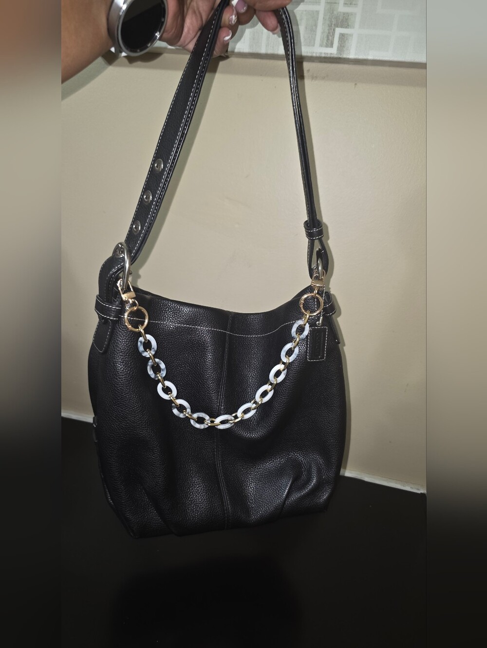 Coach Black Women's Leather Shoulder Bag with Chain Accent